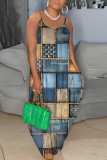 Medium Blue Casual Print Backless Spaghetti Strap Long Dresses