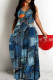 Navy Casual Print Backless Spaghetti Strap Long Dresses