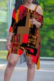 Blue Casual Print Irregular Oblique Collar Plus Size Two Pieces