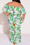 Turquoise Casual Print Patchwork Off Shoulder Long Plus Size Dresses