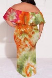 Turquoise Casual Print Patchwork Off Shoulder Long Plus Size Dresses