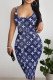 Dark Blue Sexy Letters Patchwork Square Neck Wrapped Skirt Dresses
