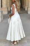 Cream White Street Solid Color Patchwork Square Neck Long Dresses