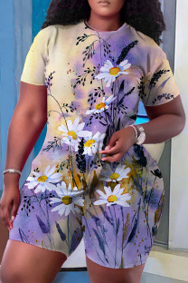 Purple Casual Floral Print Basic O Neck Short Sleeve Two Pieces