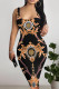 Black Sexy Street Letters Chain print Contrast U Neck Printed Dresses