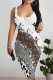 White Brown Sexy Letters Patchwork Square Neck Wrapped Skirt Dresses