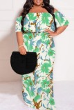 Turquoise Casual Print Patchwork Off Shoulder Long Plus Size Dresses