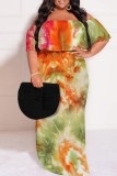 Turquoise Casual Print Patchwork Off Shoulder Long Plus Size Dresses