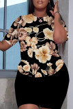 Black Casual Floral Print Basic O Neck Short Sleeve Two Pieces