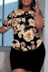 Black Casual Floral Print Basic O Neck Short Sleeve Two Pieces