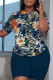 Tibetan Blue Casual Floral Print Basic O Neck Short Sleeve Two Pieces