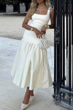 Cream White Street Solid Color Patchwork Square Neck Long Dresses