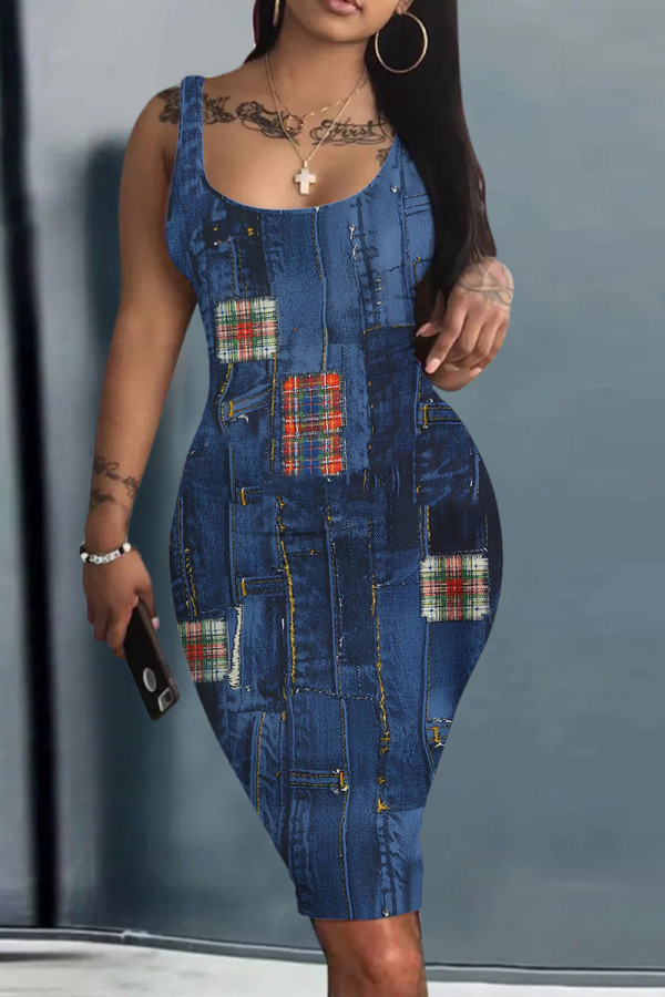 Dark Blue Print Basic U Neck Vest Dresses