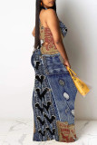 Multicolor Casual Street Faux Denim Print Contrast O Neck Printed Dresses