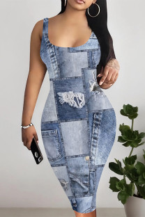 Baby Blue Sexy Street Faux Denim Print Contrast U Neck Printed Dresses
