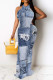 Baby Blue Casual Street Faux Denim Print Contrast O Neck Printed Dresses
