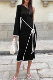 Black Elegant Patchwork Backless Strap Design Contrast Oblique Collar Long Dresses