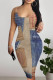 Blue Coffee Sexy Street Faux Denim Print Contrast U Neck Printed Dresses