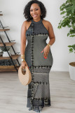 Blue Gray Casual Print Basic O Neck Long Dresses