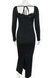 Black Elegant Solid Color Patchwork Backless Slit Strap Design Asymmetrical Collar Long Dresses