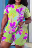 Stripe Casual Floral Print Basic O Neck Short Sleeve Two Pieces