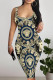 Blue Sexy Street Letters Chain print Contrast U Neck Printed Dresses