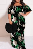 Turquoise Casual Print Patchwork Off Shoulder Long Plus Size Dresses