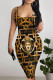 Gold Sexy Street Letters Chain print Contrast U Neck Printed Dresses