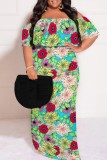 Turquoise Casual Print Patchwork Off Shoulder Long Plus Size Dresses