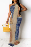 Multicolor Casual Street Faux Denim Print Contrast O Neck Printed Dresses