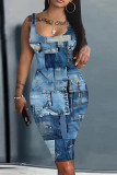 Blue Casual Print Basic U Neck Vest Dresses