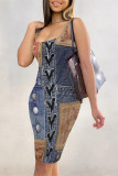 Multicolor Sexy Street Faux Denim Print Contrast U Neck Printed Dresses