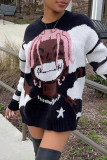 Black Casual Print Patchwork O Neck Tops