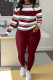 Burgundy Casual Letters Patchwork O Neck Long Sleeve Two Pieces