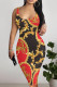 Red Sexy Street Letters Chain print Contrast U Neck Printed Dresses