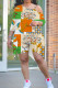 Orange Casual Print Irregular Oblique Collar Plus Size Two Pieces