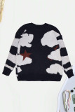 Black Casual Print Patchwork O Neck Tops