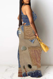Multicolor Casual Street Faux Denim Print Contrast O Neck Printed Dresses