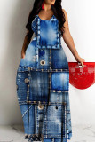 Dark Blue Casual Print Backless Spaghetti Strap Long Dresses