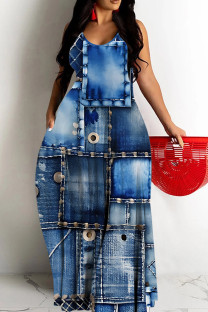 Blue Casual Print Backless Spaghetti Strap Long Dresses
