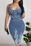 Multicolor Sexy Street Faux Denim Print Contrast U Neck Printed Dresses