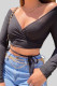 Black Sexy Solid Color Patchwork Ruched V Neck Tops