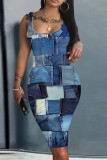 Blue Casual Print Basic U Neck Vest Dresses