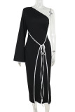 Black Elegant Patchwork Backless Strap Design Contrast Oblique Collar Long Dresses