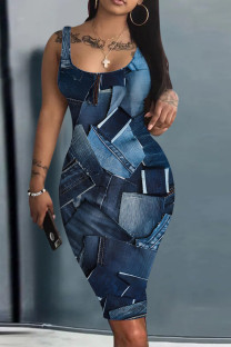 Navy Casual Print Basic U Neck Vest Dresses