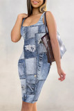 Multicolor Sexy Street Faux Denim Print Contrast U Neck Printed Dresses