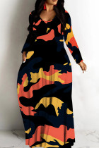 Black Casual Tie Dye Print Basic V Neck Long Dresses