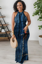 Dark Blue Casual Print Basic O Neck Long Dresses