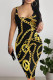 Golden Yellow Sexy Street Letters Chain print Contrast U Neck Printed Dresses