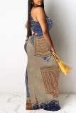 Multicolor Casual Street Faux Denim Print Contrast O Neck Printed Dresses